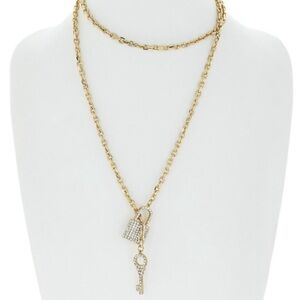 Lock and Key Necklace Crystal Rhinestone Multi Strand Necklace in Gold